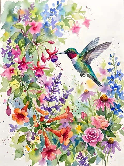 Kolibri und Blüten