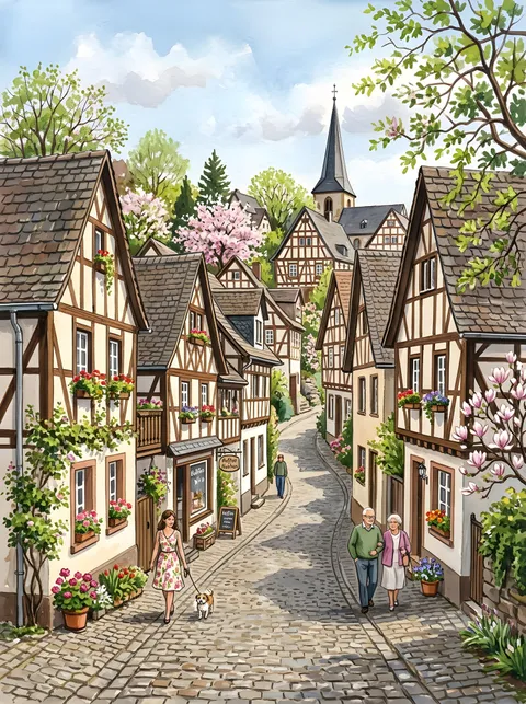 Fachwerkgasse im Frühling