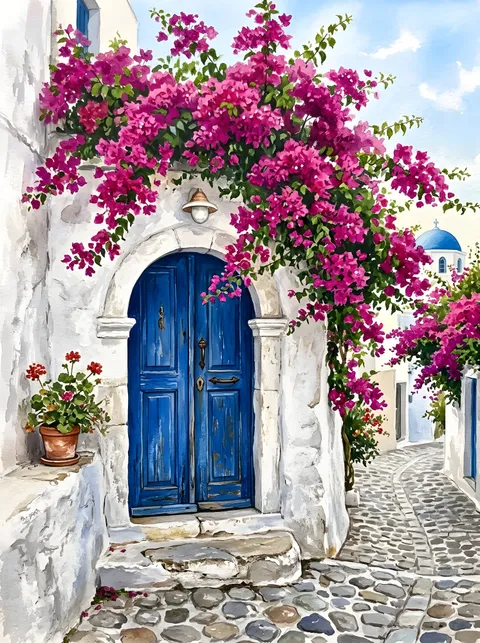 Blaue Tür mit Bougainvillea